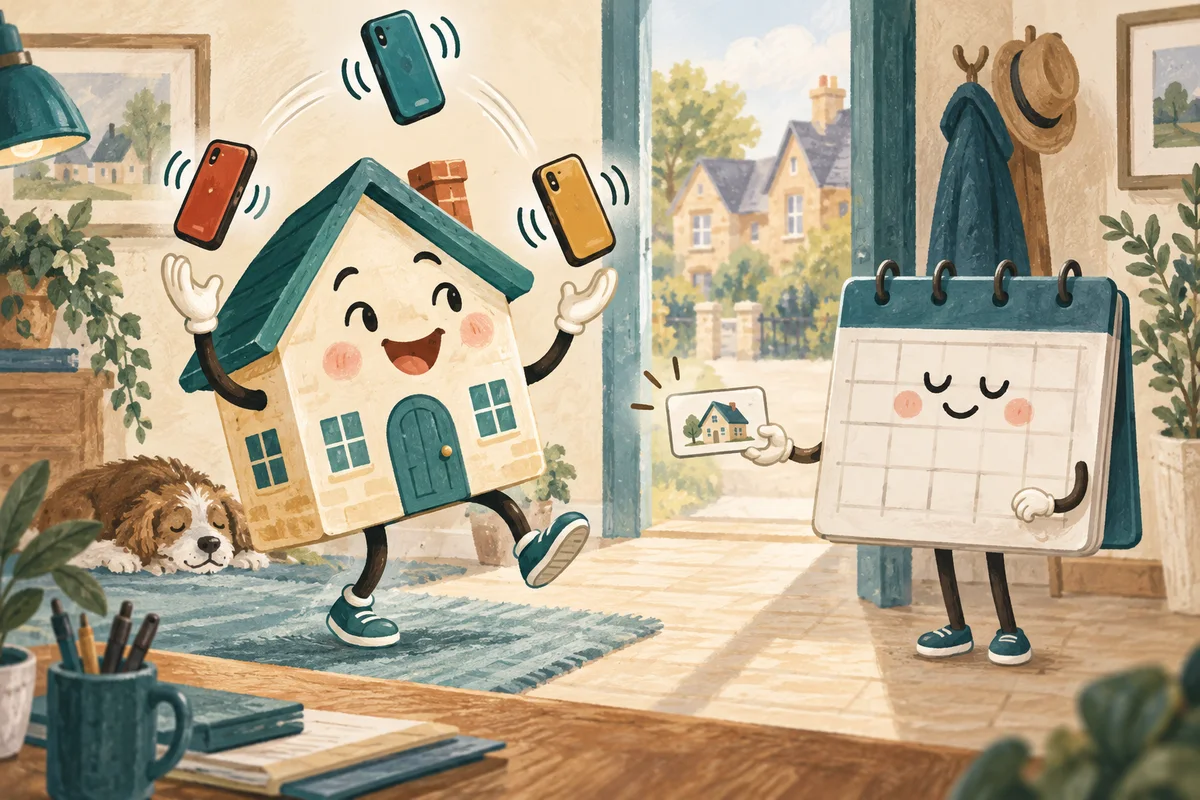 A cheerful house-shaped character juggles three tiny ringing phones while a calm calendar holds out a single appointment card.